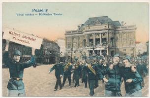 1907 Pozsony, Pressburg, Bratislava; "Katona üdvözlet Pozsonyból" Városi színház, üzletek. Montázs masírozó katonákkal és katonai zenekarral / theatre, shops. Montage with marching K.u.K. soldiers and military band. K.B.B.D.A. (EB)