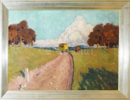 Pólya Tibor (1886-1937): Utazások a sárga postakocsin (cím nélkül). Olaj, vászon, jelzett, javított. Dekoratív fakeretben. 70×100 cm. KIZÁRÓLAG SZEMÉLYES ÁTVÉTEL, NEM POSTÁZZUK! / ONLY PERSONAL COLLECTION AT OUR OFFICE!