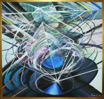 Turcsán Miklós (1944-): Mágia, 1992. Olaj, farost. Jelezve jobbra lent. Hátoldalán autográf felirattal. Fakeretben. 86x90 cm