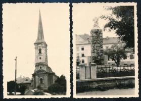 cca 1938 Érsekújvári (Felvidék) részletek, a török uralom alóli felszabadulás emlékműve, plébániatemplom, 2 db fotó, 9×6 cm