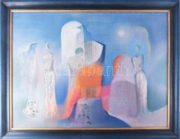 Garabuczy Ágnes (1936-2020): A zene világa. Olaj, farost, jelzett, hátoldalán Garabuczy Ágnes autográf feliratával, 60x80 cm, fakeretben