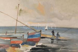 L Vadász jelzéssel: Vitorlások és horgászok. Olaj, vászon, 53x60 cm, dekoratív fakeretben