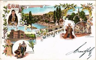 1898 Sarajevo, Partie Alifakovac, Ali Pascha Moschee, Begova Dzama-Inneres, Betender Hodza, Rathaus, Bosnisches Bauern-Ehepaar, Bosnische Serbin / Alifakovac district, mosque, interior, praying Muslim, town hall, Bosnian folklore. Ignaz Königsberger Nachf. Alb. Thier Art Nouveau, floral, litho