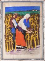 Koszta József (1861-1949): Kukoricatörők. Litográfia, gouache, papír. Jelzett. Üvegezett, sérült fakeretben. 43x31 cm