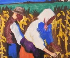 Koszta József (1861-1949): Kukoricatörők. Litográfia, gouache, papír. Jelzett. Üvegezett, sérült fak...