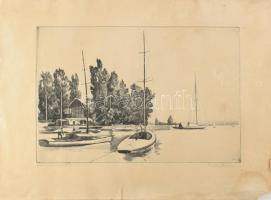 Zádor István (1882-1963): Balatoni sportkikötő. Rézkarc, papír, jelzett, foltos, lapszéli szakadásokkal, 26,5x36,5 cm