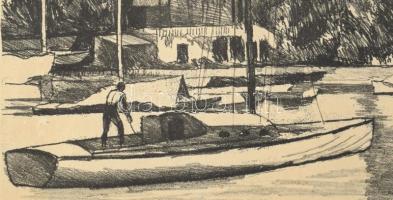 Zádor István (1882-1963): Balatoni sportkikötő. Rézkarc, papír, jelzett, foltos, lapszéli szakadások...