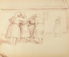 Barta Mária (1897-1969): Menyecskék. Lavírozott tus, papír, jelzett, 33x40 cm