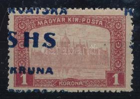 SHS 1918 Parlament 1K elcsúszott felülnyomattal Signed: Bodor Certificate: Zrinjscak