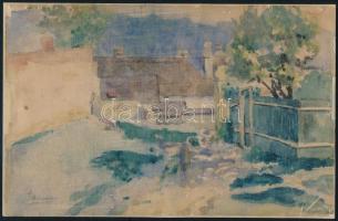 Olvashatatlan jelzéssel: Utcarészlet. Akvarell, papír, szélein kissé sérült, kartonra kasírozva. 14,5x22,5 cm