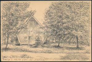 Dely István (-): Zánkai kert (Balatonfelvidék), 1979. Tus, toll, papír, jelzett, 10x15 cm