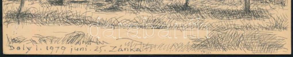 Dely István (-): Zánkai kert (Balatonfelvidék), 1979. Tus, toll, papír, jelzett, 10x15 cm