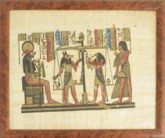 Egyiptomi jelenetes papirusz, üvegezett keretben, 39×29 cm