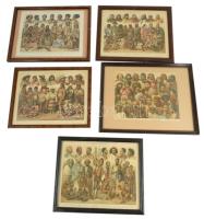 Népfajok, 5 db színes illusztráció Révai Nagy Lexikona és Pallas Nagy Lexikonból, üvegezett keretben, 24×29 cm