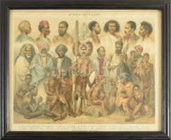 Népfajok, 5 db színes illusztráció Révai Nagy Lexikona és Pallas Nagy Lexikonból, üvegezett keretben...