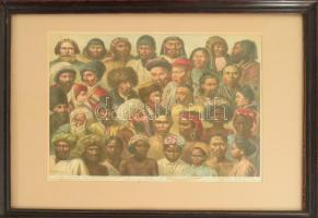 Népfajok, 5 db színes illusztráció Révai Nagy Lexikona és Pallas Nagy Lexikonból, üvegezett keretben...