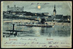 1900 Pozsony, Pressburg, Bratislava; látkép, vár este holdfényben. Fény felé tartandó lap / general view, castle at night in moonlight. Hold to light (r)