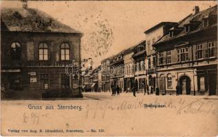 1903 Sternberk, Sternberg in Mähren; Breitegasse / street view, hotel, shops. Verlag von Aug. R. Hitschfeld (fl)