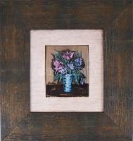 Virágcsendélet tűzzománc kép, keretben, 12x10 cm