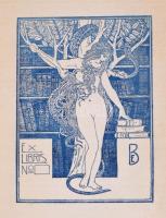 Ex Libris No. ... , klisé, papír, jelzett a dúcon (BE), 14x10 cm. In: Molnár Ferenc: Muzsika. Elbeszélések. Bp., én., Franklin, 249+1 p. Átkötött félvászon-kötés, kopott borítóval, foltos lapszélekkel, kijáró lapokkal.