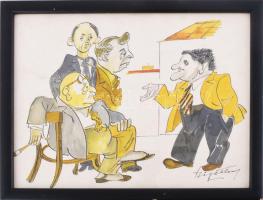 Szigethy István (1891-1966): Mály Gerő magyaráz (feltehetően más filmszínészek társaságában). Akvarell, tus, papír, jelzett. 20x25,5 cm. Üvegezett fakeretben.