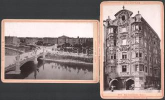 cca 1895 Vegyes városképes fotó tétel (Strasbourg, Innsbruck, stb.), 5 db keményhátú fotó, 10,5×16,5...