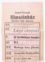 cca 1975 Öcsöd, Hunyadi Filmszínház október havi műsora, moziplakát, papír, Szolnoki Nyomda, hajtásn...