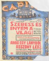 cca 1927 Sátori Lipót (Sátory, 1899-1943): Szeress és enyém a világ! Amíg egy lányból asszony lesz; február hó 24-tól: Metropolis. Capitol mozi (Keleti pu. mellett). Színes litografált art deco filmplakát, papír, jelzett a plakáton, erősen sérült, 47x31,5 cm. Rendkívül ritka!