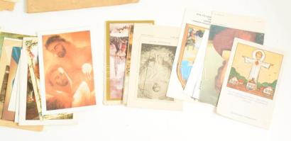 Vegyes papírrégiség tétel, doboznyi, benne szentképekkel