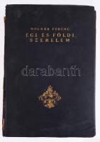 Molnár Ferenc: Égi és földi szerelem. Dráma 5 felvonásban. Rippl-Rónai József öt kőnyomatú képmellékletével. Számozott (311./500) példány, a szerzők, Molnár Ferenc (1878-1952) író és Rippl Rónai József (1861 - 1927) festőművész, grafikus által ALÁÍRT példány. Bp., 1922, Pantheon, (Globus-ny.), 159 p.+ 5 (litográfiák) t. A borítót Falus Elek tervezte. Kiadói aranyozott egészvászon-kötésben, kopott, foltos borítóval, sérült, hiányzó gerinccel, sérült kötéssel, az elülső kötéstábla nagyrészt elvált a könyvtesttől, a táblák és az első néhány lap foltos, hullámos. De az aláírások, a litográfiák megvannak, a többi lap belül épp. Restaurálásra szorul!