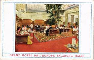 Salzburg, Grand Hotel de l'Europe, Halle / hotel advertisement art postcard, hall interior. Chwala's Druck Wien (fl)