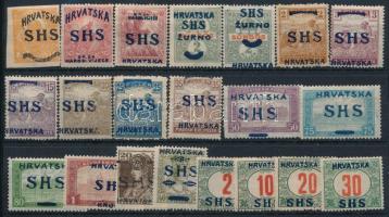 SHS 1918 21 db bélyeg, közte eltolódott felülnyomás is, Bodor vizsgálójellel