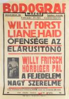 1934 Bodograf Mozgó, Bp., József krt. 63. Őfensége, az elárusítónő, A fejdelem nagy szerelme. Színes filmplakát, műsorplakát, papír, jelzés nélkül, Held János könyvnyomdája, bal felső sarkában sérült, apró lapszéli szakadásokkal, hajtásnyomokkal, korábban feltekerve, 47x31,5 cm. Rendkívül ritka!