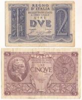 Olaszország 1939. 2L + 1944. 5L T:F tűlyukak Italy 1939. 2 Lire + 1944. 5 Lire C:F pin holes