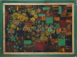 Jelzés nélkül (Gyarmathy Tihamér?): Kompozíció. Olaj, farost. Hátoldalán Rádóczy Gyarmathy Gábor igazolásával. Sérült. Kopott fakeretben. 70x50 cm.