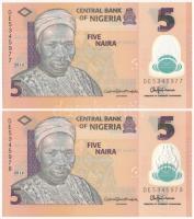 Nigéria 2016. 5N (2x) sorszámkövető T:UNC Nigeria 2016. 5 Naira (2x) consecutive serial numbers C:UNC Krause P#38