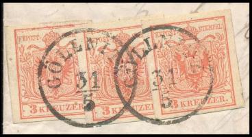 1855 3 x 3kr látványos lépcsős bérmentesítés teljes tartalmú levélen "GÖLLNITZ" - Mediasch