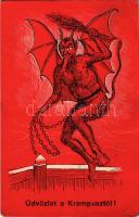 Üdvözlet a Krampusztól / flying Krampus art postcard with birch and chains. ETE 2. (EB)