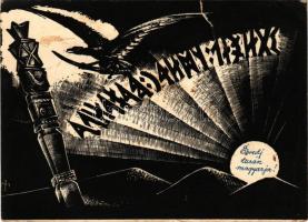 1939 Ébredj Turán magyarja! Rovásírásos irredenta művészlap. Lehotai nyomda, Debrecen / Hungarian irredenta propaganda written in the Old Hungarian Runic alphabet (szakadás / tears)