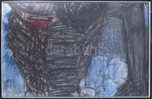 Menyhárt Tamás Menyus (1966-): Kavargás (cím nélkül). Vegyes technika, papír. Jelezve balra lent. Üvegezett, kissé sérült fakeretben. 70x100 cm. KIZÁRÓLAG SZEMÉLYES ÁTVÉTEL, NEM POSTÁZZUK! / ONLY PERSONAL COLLECTION AT OUR OFFICE!