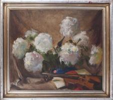Olvashatatlan jelzéssel: Csendélet hegedűvel, 1943. Olaj, vászon. Sérült. Dekoratív, sérült fakeretben. 68,5x79 cm.