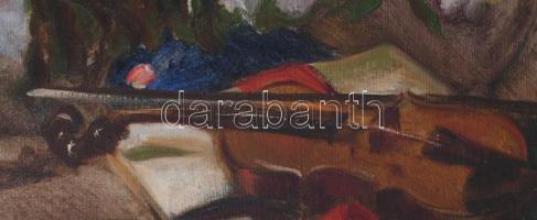 Olvashatatlan jelzéssel: Csendélet hegedűvel, 1943. Olaj, vászon. Sérült. Dekoratív, sérült fakeretb...