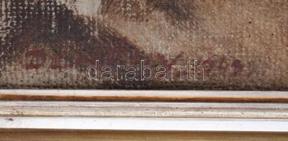 Olvashatatlan jelzéssel: Csendélet hegedűvel, 1943. Olaj, vászon. Sérült. Dekoratív, sérült fakeretb...