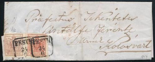 1854 3kr HP III intenzív szín + 6kr HP III vízjellel levélen "PESTH" - Kolosvár