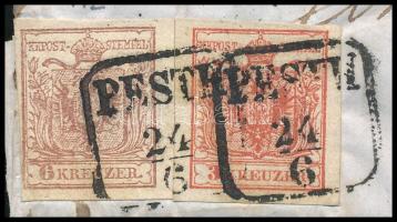 1854 3kr HP III intenzív szín + 6kr HP III vízjellel levélen "PESTH" - Kolosvár