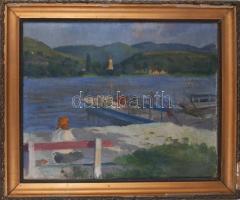 Kisgyörgy Miklós (működött a XX. sz. közepén): Dunakanyar, komp. Olaj, vászon. Jelzett a hátoldalán. Proveniencia: Saphier-gyűjtemény. Dekoratív, sérült fakeretben. 65x80 cm.