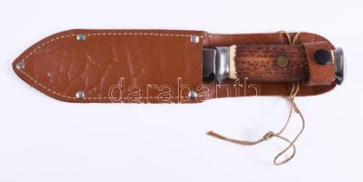 Mikov tőr agancs markolattal, bőr tokban, h: 24,5 cm
