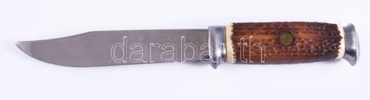 Mikov tőr agancs markolattal, bőr tokban, h: 24,5 cm