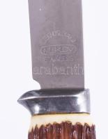 Mikov tőr agancs markolattal, bőr tokban, h: 24,5 cm