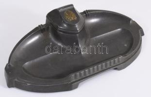 Szecessziós ón tintatartó porcelán tégellyel, jó állapotban, 20x10 cm